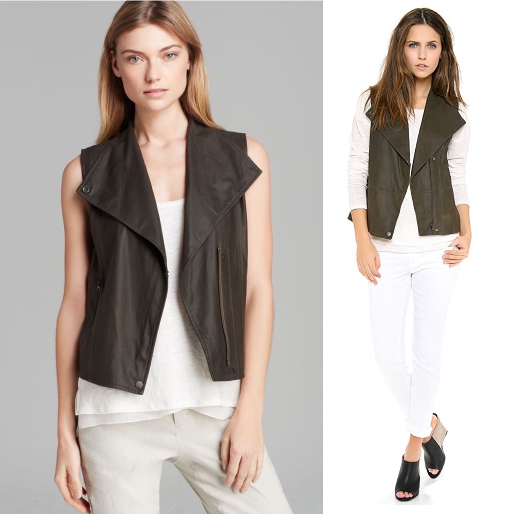 VINCE Paper Leather Moto Vest Military Green
